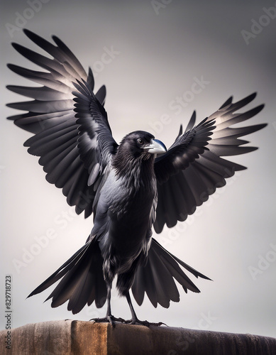 crow with wings open , isolated white background
 photo