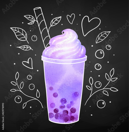Purple Bubble Tea with whipped cream hand drawn vector illustration line art doodles on chalkboard background