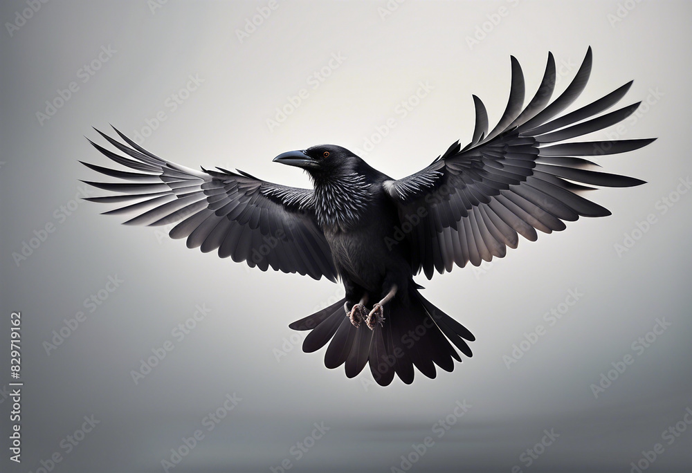 Naklejka premium crow with wings open , isolated white background 