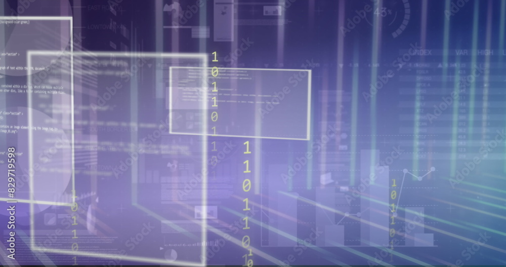Fototapeta premium Image of financial data processing over screens on dark background