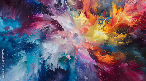 A vibrant explosion of pastel colors bursting forth from a dark and chaotic center. photo