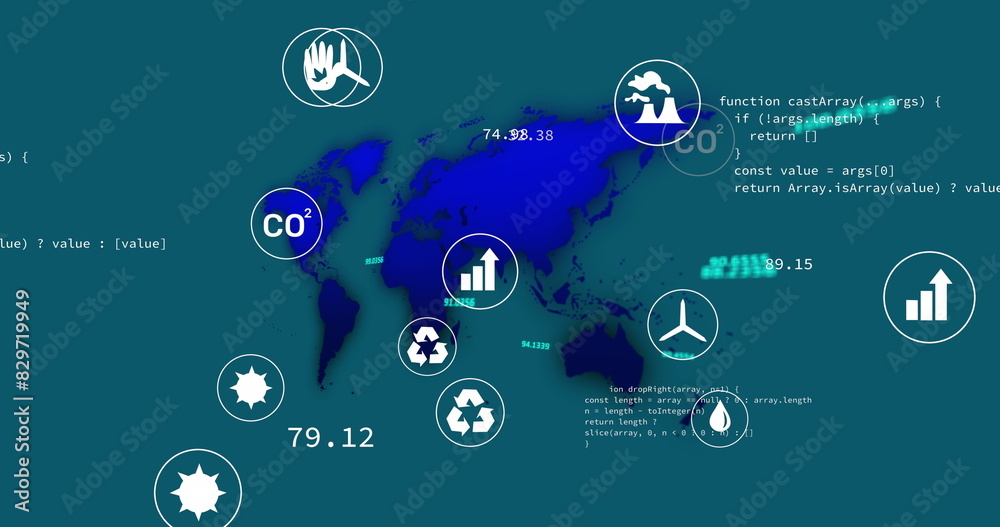 Image of eco icons and data processing and world map over blue background Image of eco icons and data processing and world map over blue background