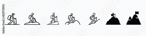 Hiking icon, Hiking icon in line style, adventure icon, Silhouette of a climber. Walking icon, Hiking line icon. Simple outline style. Activity, nature, trekking, walk, adventure concept design