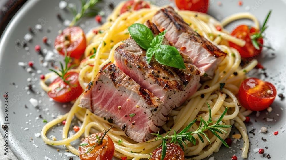 Grilled tuna served with pasta and sauce Grilled tuna served with pasta and sauce
