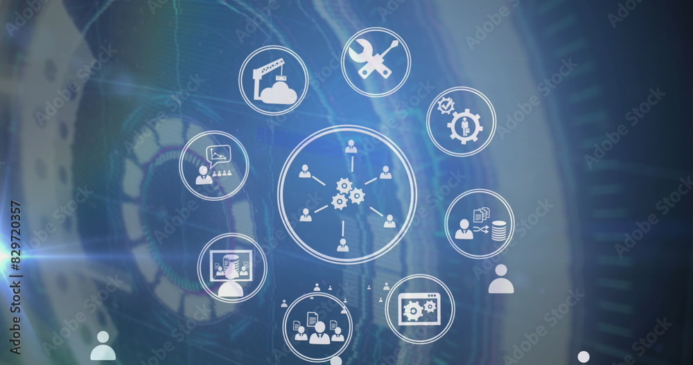 Image of multiple circles with settings, people, finance icons over scanning circles Image of multiple circles with settings, people, finance icons over scanning circles