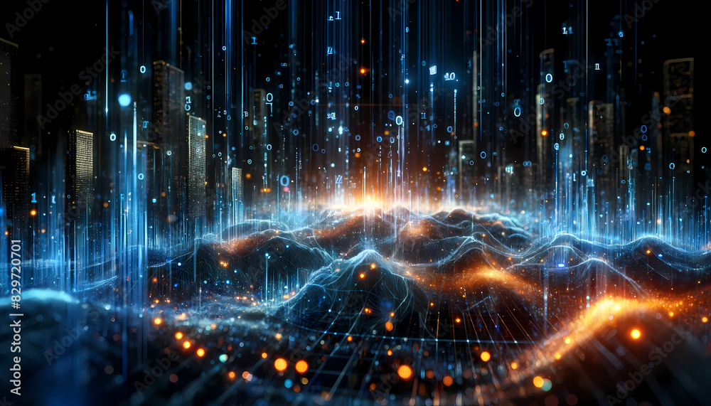 A futuristic landscape filled with flowing lines, glowing points of light, and digital streams, representing a dynamic interplay of data within a cityscape A futuristic landscape filled with flowing lines, glowing points of light, and digital streams, representing a dynamic interplay of data within a cityscape