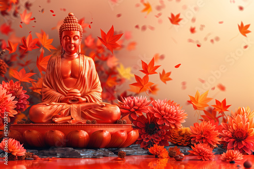 Statue of Buddha surrounded by red flowers and autumn leaves in a serene setting.