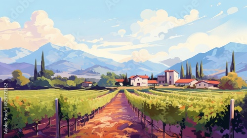 Scenic vineyard landscape with rows of grapevines, rustic houses, and mountains in the background under a bright sky.