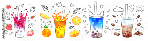 Bubble Tea flavors hand drawn vector watercolor illustration set with decoration with fruit and line art doodles
