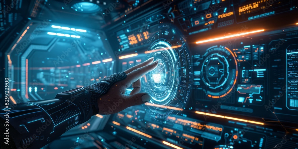 A person pointing at a high-tech interface displaying advanced data and graphics A person pointing at a high-tech interface displaying advanced data and graphics