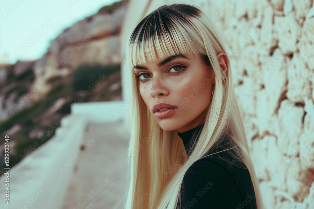 Fototapeta premium AI generated illustration of a blonde woman with long hair in black shirt on a street corner