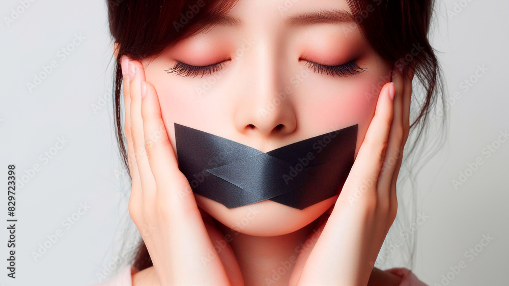 Woman's face with mouth covered with tape, censorship concept Woman's face with mouth covered with tape, censorship concept