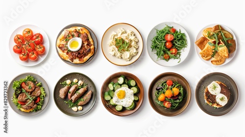 gourmet different dishes in plates on white table from restaurant