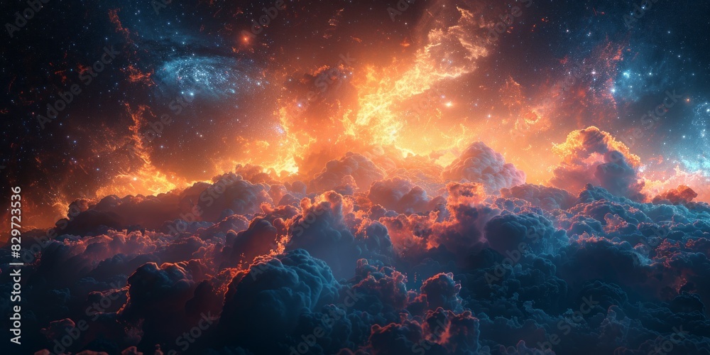 A vibrant sky filled with colorful clouds and twinkling stars A vibrant sky filled with colorful clouds and twinkling stars