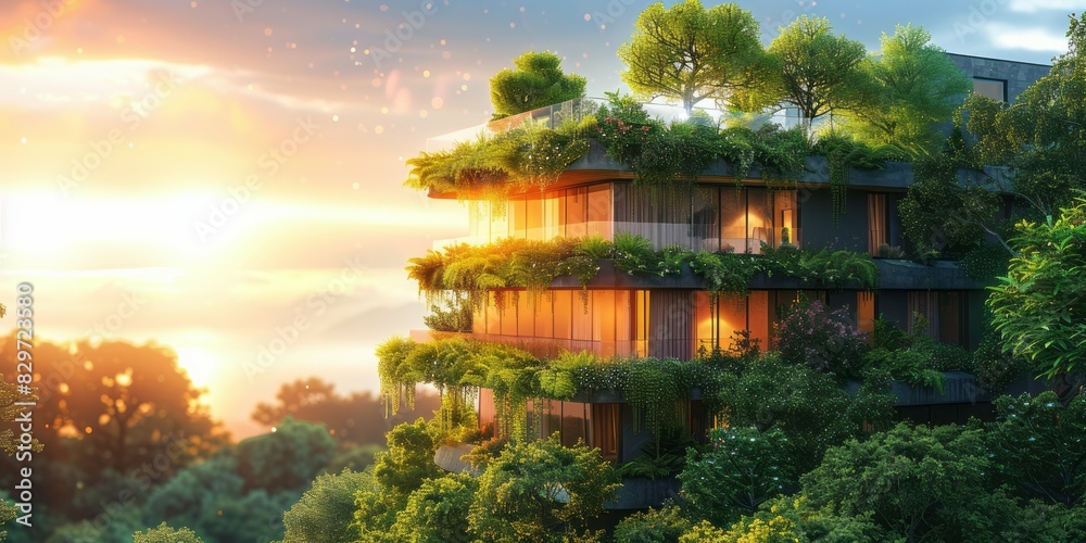 Obraz premium A tall building adorned with lush green plants growing on its rooftop