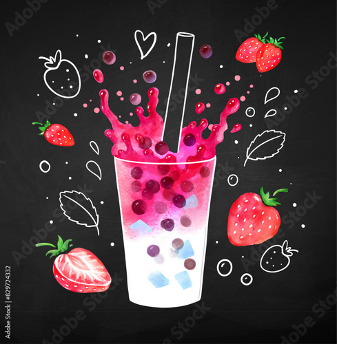 Strawberry Bubble Tea with splash crown hand drawn vector illustration with berries and line art doodles on chalkboard background