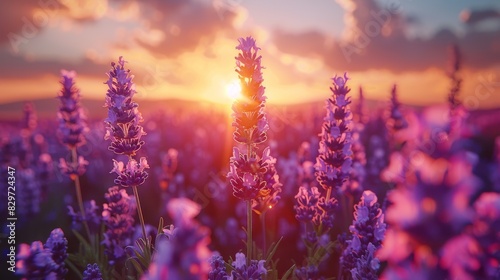 Sun shining through lavender flowers with a dramatic sky during sunset