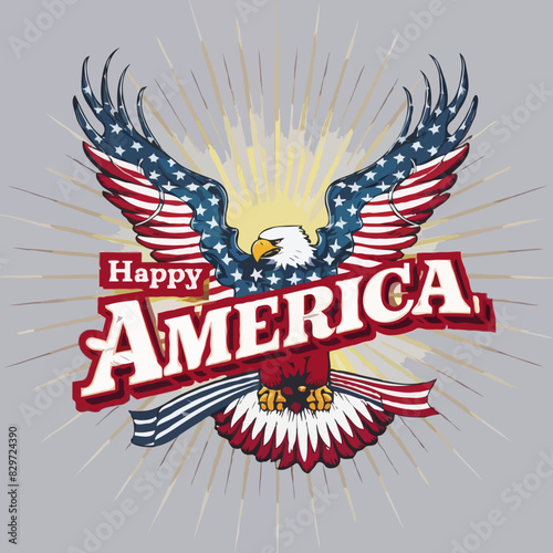 A majestic eagle soars with Happy America and an American flag, blending 4th of July and Halloween spirit in a powerful design. 