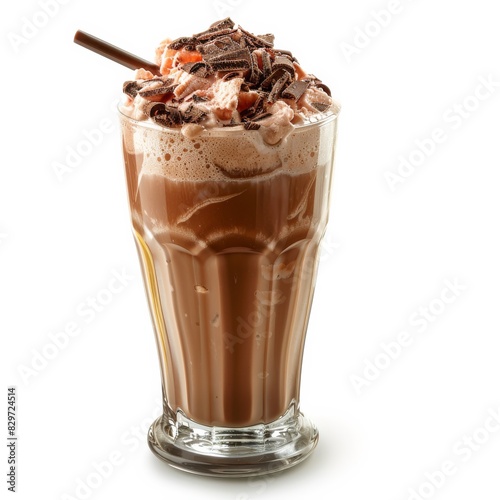 A deliciously inviting chocolate milkshake topped with whipped cream and chocolate shavings, served with a straw