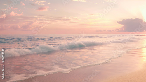 Tranquil coastal scene with gentle waves and pink sunset