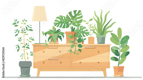 Beautiful plants on wooden chest of drawers and lamp