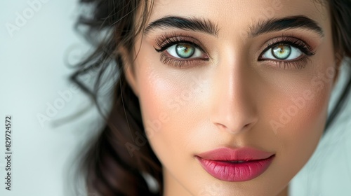 Close-up portrait showcasing a woman s stunning green eyes and perfect makeup