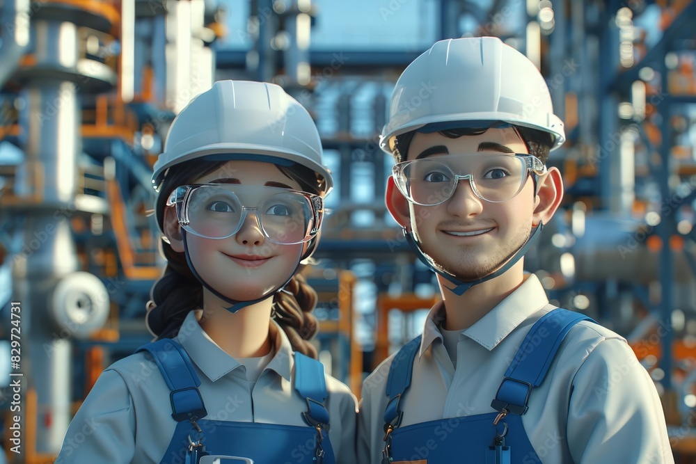 Two engineers in hard hats and safety glasses smile at the camera. They are standing in front of a large industrial building. Two engineers in hard hats and safety glasses smile at the camera. They are standing in front of a large industrial building.