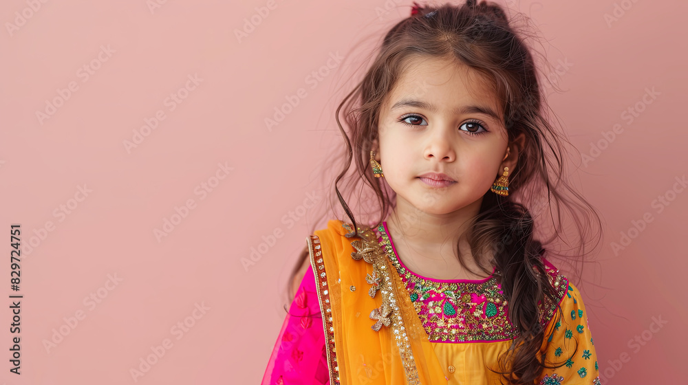 Indian child girl in national clothes dress, pink background with copy space Indian child girl in national clothes dress, pink background with copy space