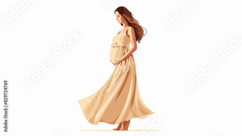 Beautiful pregnant woman in beige dress on white background