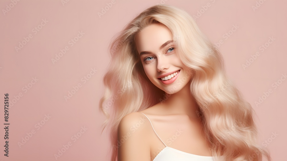 Beautiful blonde woman with long hair smiling on pink background. Generative AI. Beautiful blonde woman with long hair smiling on pink background. Generative AI.