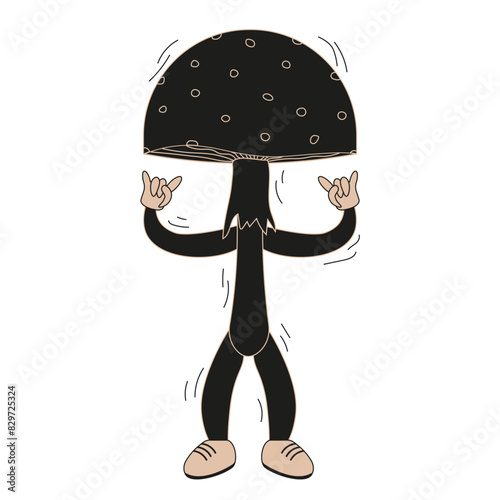 Hand Drawn retro Groovy style Toadstool isolated transparent background. Cute Hippie Cordel Mushroom on white backdrop in trendy Linocut style. Artistic vector design t-shirt print. Editable stroke.