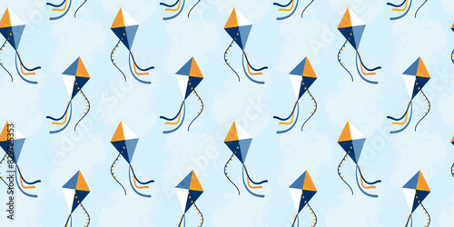 Seamless pattern with grunge textured kite and blue backdrop. For background, textile, wallpaper, wrapper, children apparel.