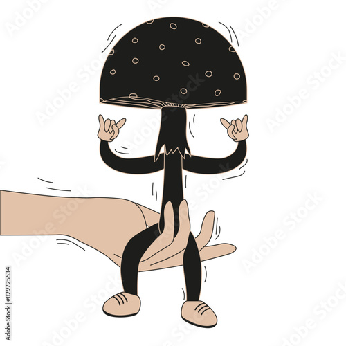 Cordel style Hand Drawn Toadstool in the hand isolated white background. Linocut engraving Mushroom Character. Retro Groovy stylish Toadstool. Vector for t-shirt print, postcard poster cover. Editable