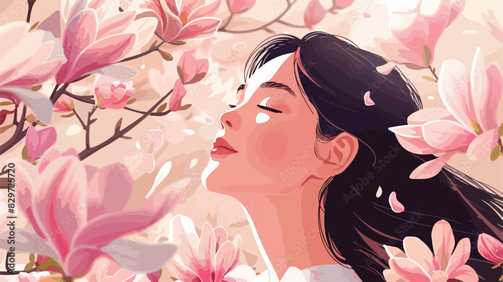 Beautiful woman near blossoming magnolia tree on spring