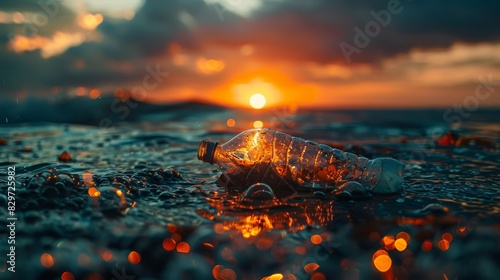 A discarded plastic bottle floats in the ocean at sunset, emphasizing pollution and environmental issues. photo