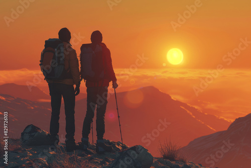 Two hikers stand on a mountaintop, silhouetted against a stunning sunset. The vibrant sky and breathtaking views inspire adventure and tranquility.