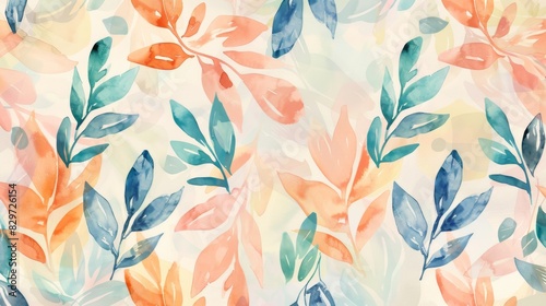 Watercolor seamless pattern with abstract leaves in blue, green, and orange hues on a light yellow background.