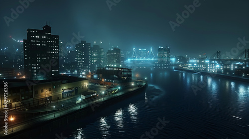 Cityscape at night with illuminated buildings and river reflections