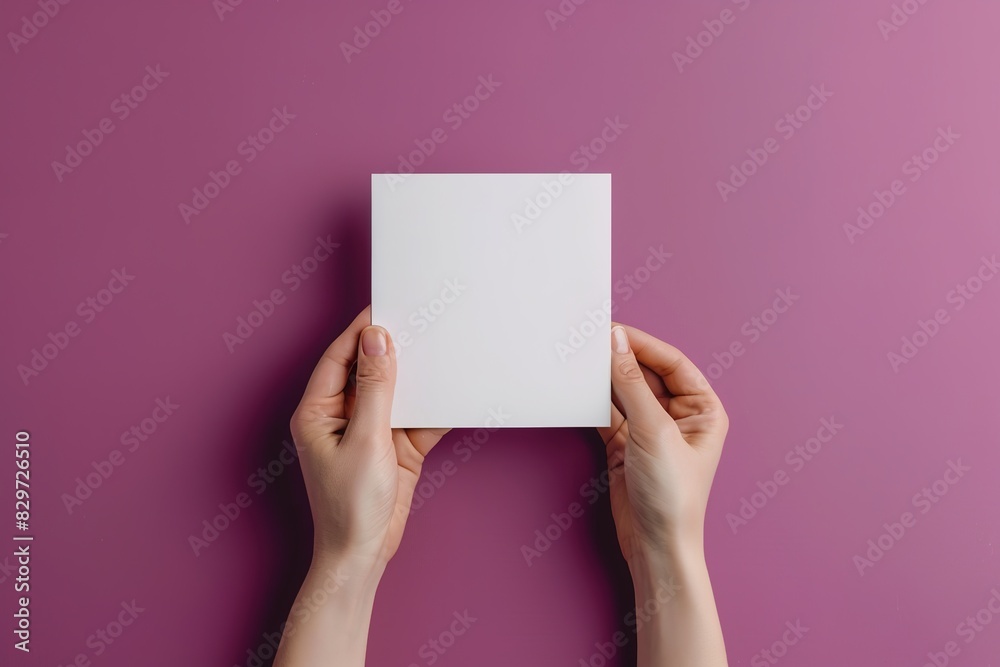 Hands holding a blank square card on a purple background. Hands holding a blank square card on a purple background.