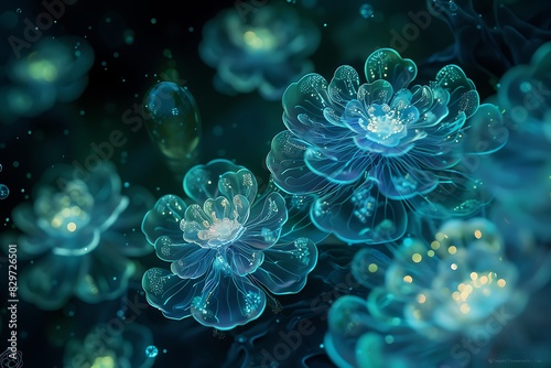 Microscopic bioluminescent organisms bloom in a dark, organic world. Rendered in detailed 3D.