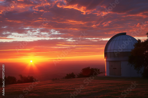 A sunset view of the observatory, observatory on the background of a pink sky and the sun sets behind the horizon, generative ai
