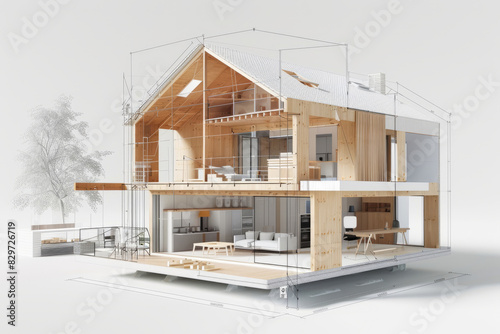 Architectural diagram of modern single-family house with cross-section views