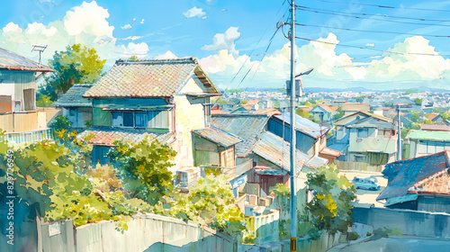 日本の住宅地の高台からの眺めの水彩イラスト風景