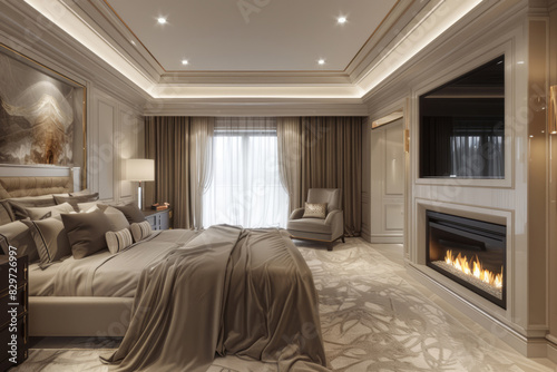 Elegant modern bedroom with cozy fireplace and luxurious decor