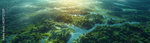 An aerial view of a lush green rainforest with a river running through it. The sun is shining through the trees and there is a mist rising from the river.