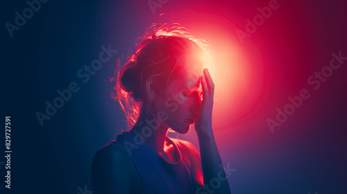 Woman focusing intensely with glowing forehead, representing telepathic abilities. photo