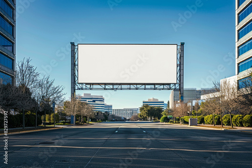 Front view of a broad and low blank billboard on a concrete fence during morning rush hour traffic. photo