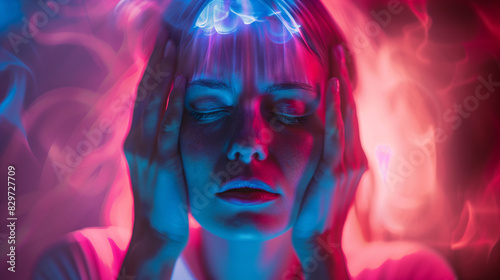 Woman focusing intensely with glowing forehead, representing telepathic abilities. photo