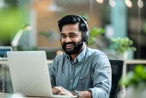A smiling Indian call center agent wearing headphones and glasses is sitting at his desk in an office