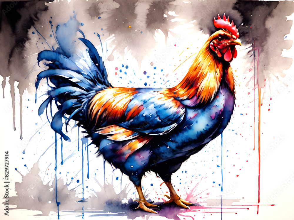 Fototapeta premium Vibrant Poultry: Watercolor Illustration of Rooster, Hen, or Chicken with Color Splashes